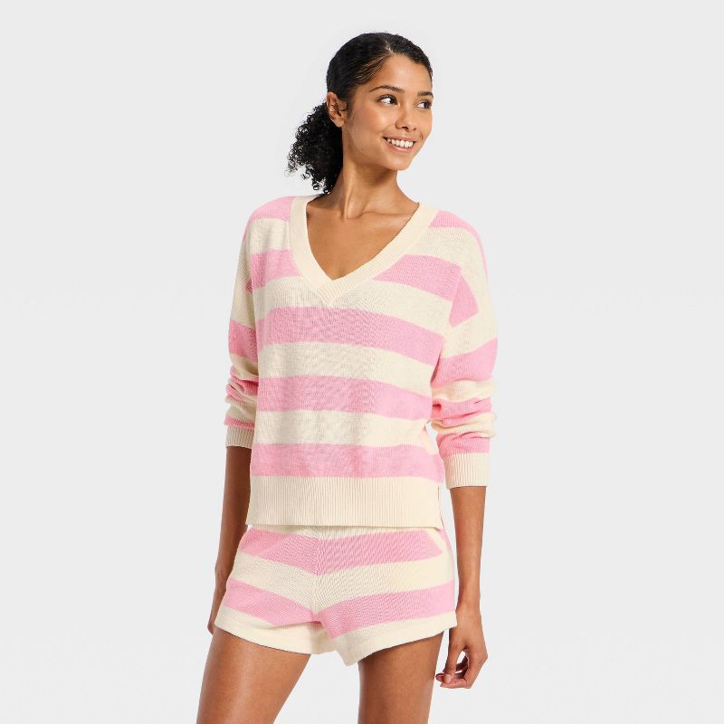Women's Striped V-Neck Sweater Top - JoyLab™ Light Pink/Cream Stripe M