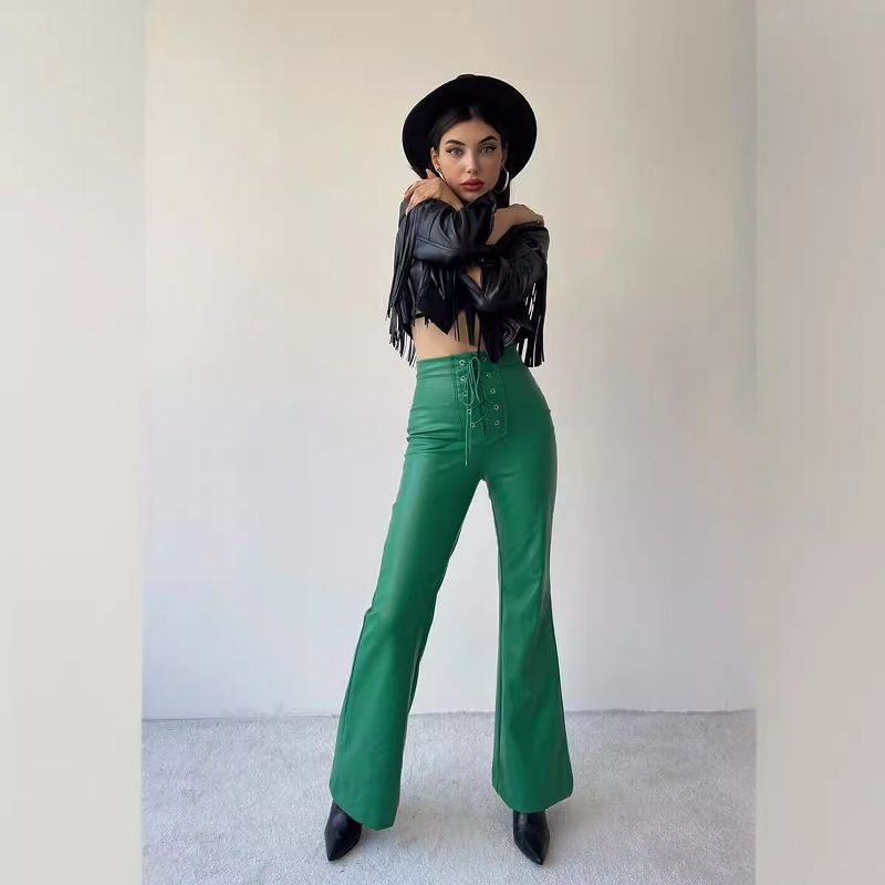 Women High-Waisted Lace-Up Wide-Leg Pants Faux Leather Trousers, Green, L