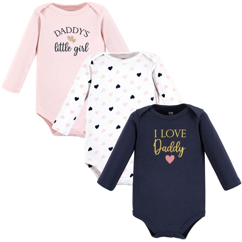 Hudson Baby Infant Girl Cotton Long-Sleeve Bodysuits, Girl Daddy Pink Navy 3-Pack, 0-3 Months