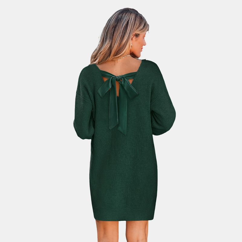 Women's Elegant Ribbed Knit Sweater Dress with Bow Detail - Cupshe-L-Green