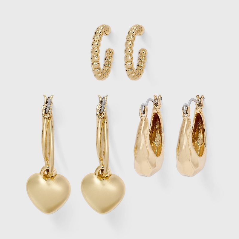 Floating Heart Drop Hoop Earring Set 3pc - Wild Fable™ Gold