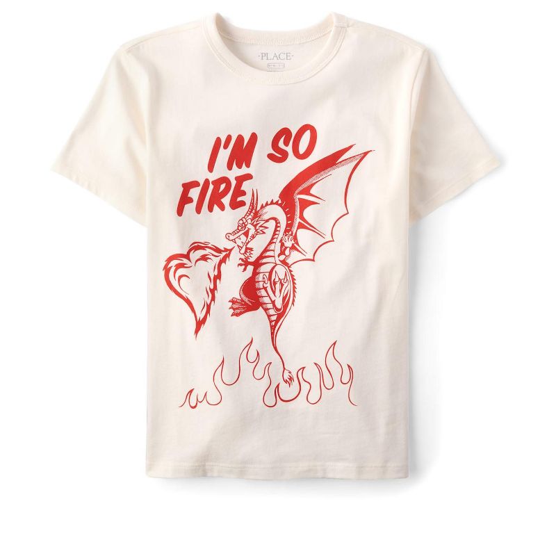 The Children's Place Boys Short Sleeve Valentine's Day I'm So Fire Dragon Graphic Tee White M (7/8)