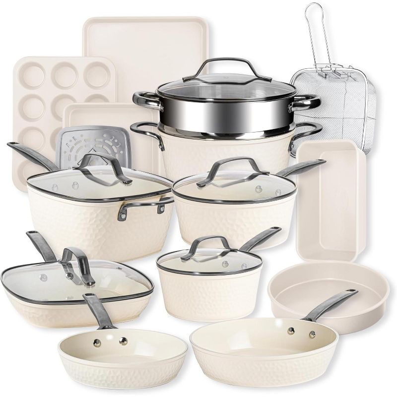 Gotham Steel Pro Hammered Cream 20 Piece Ceramic Nonstick Induction Pots and Pans Cookware and Bakeware Set