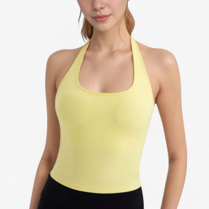 Anna-Kaci Active Women's Halter Neck Cropped Tank Top with Built-In Bra and Stretch Fabric for Workout or Casual Wear - X Large, Yellow