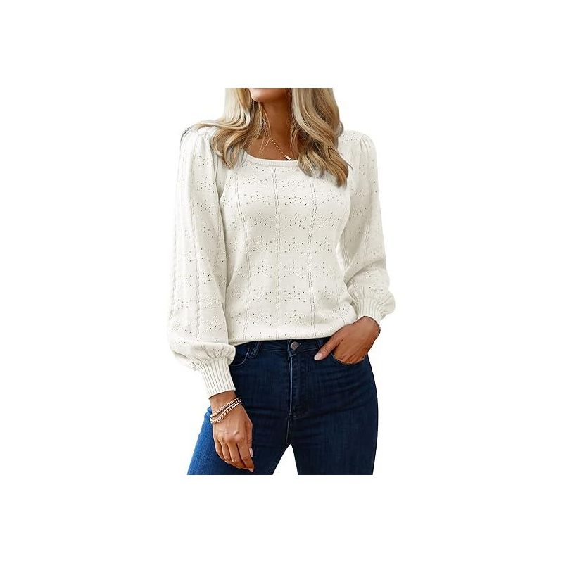 Zeagoo Sweaters for Women 2025 Fall Trendy Tops Casual Puff Sleeve Square Neck Cute Tunic Pullover Blouses White XL