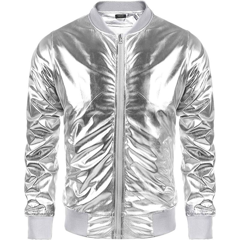 COOFANDY Men's Metallic Jacket 70s Disco Party Varsity Jacket Zip-up Baseball Bomber Silver XL