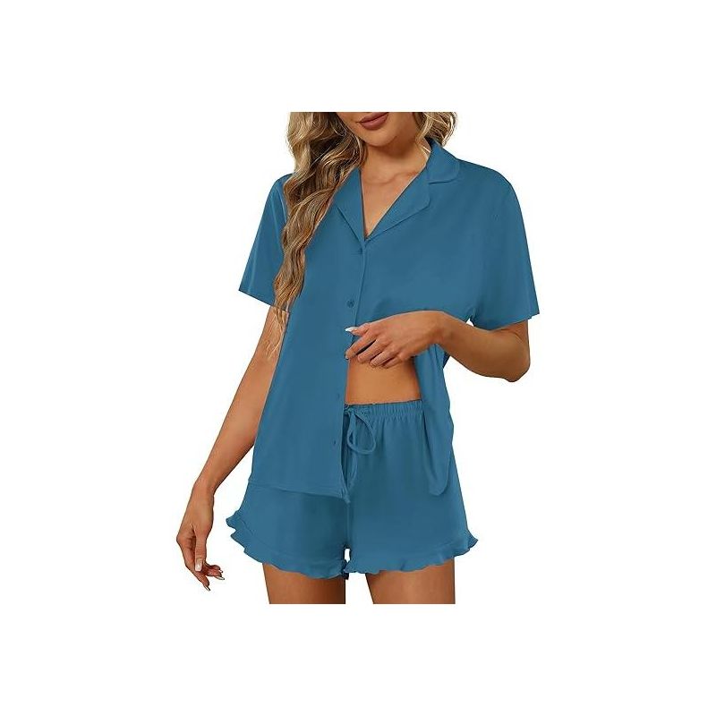 Ekouaer Pajamas Set for Women Short Sleeve Sleepwear Button Down Pjs Lounge Sets Soft Nightwear Blue Green S