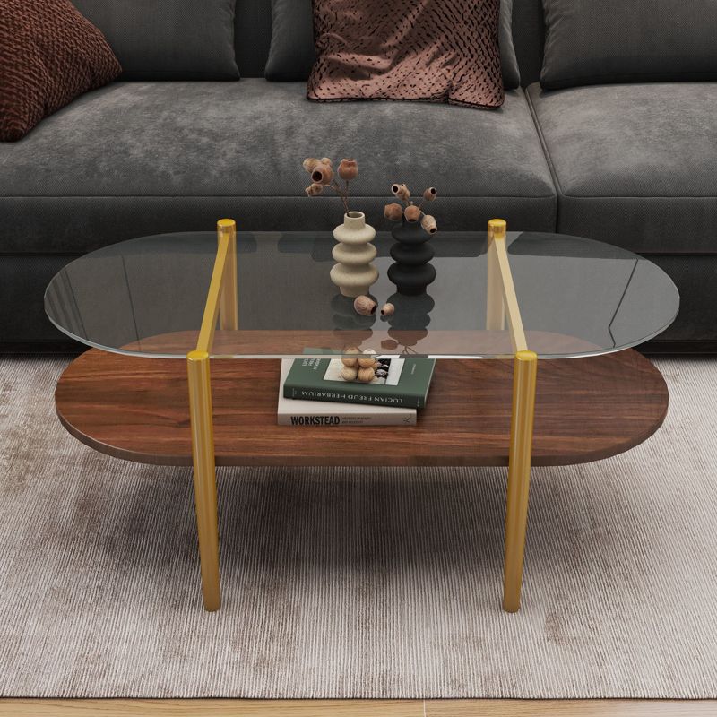 Kumasinova Oval Glass Coffee Table with Storage,41" Mid-Century Center End Table with Brown MDF,Two-Tier Center Table for Living Room Furniture,Wood