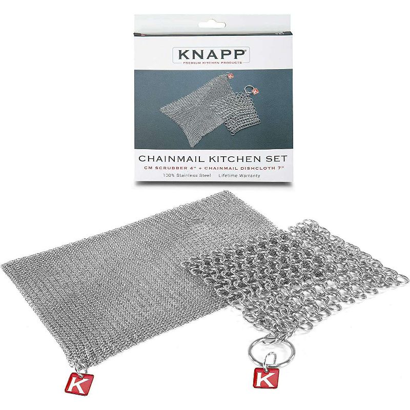BBQ-AID Knapp Made Cast Iron Chainmail Scrubber Kitchen Set - 4" and 7" Cast Iron Scrubber for Your Finest Pots, Pans, and Kitchenware