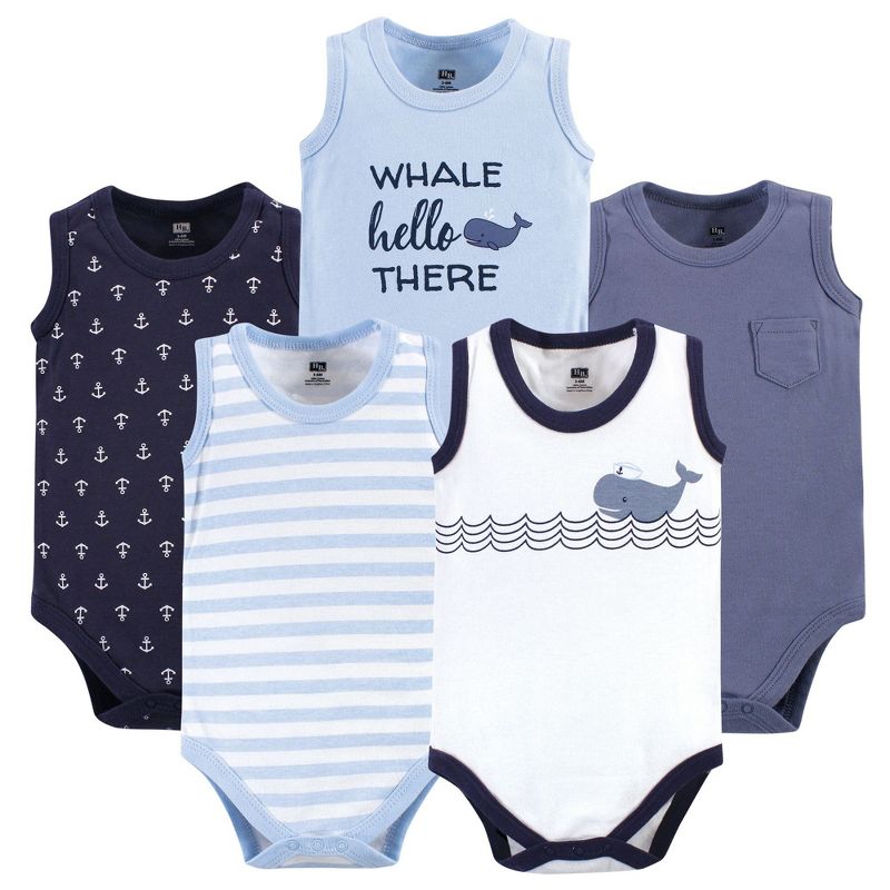 Hudson Baby Infant Boy Cotton Sleeveless Bodysuits 5pk, Sailor Whale, 3-6 Months