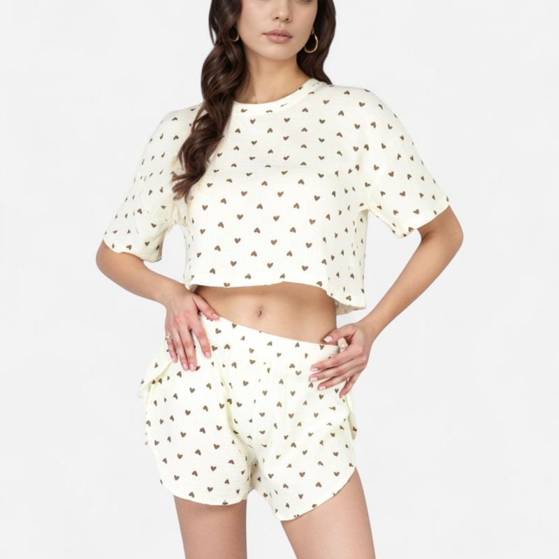 Anna-Kaci Lounge Women's Valentine Heart Print Waffle Knit Sleepwear Set with Cropped Tee and Elastic Waist Shorts - X Large,