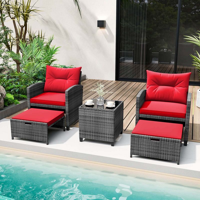 Costway 5 Piece Patio Rattan Furniture with 2 Ottomans & Tempered Glass Coffee Table Red