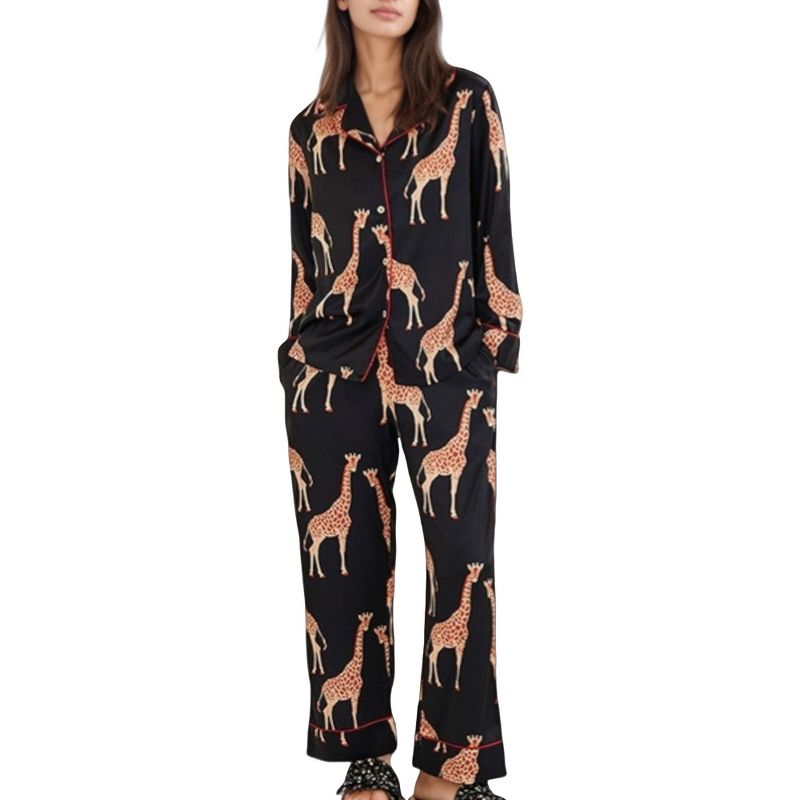 Anna-Kaci Lounge Women's Giraffe Print Pajama Set with Long Sleeve Button Down Top and Relaxed Fit Woven Pants - Medium, Black