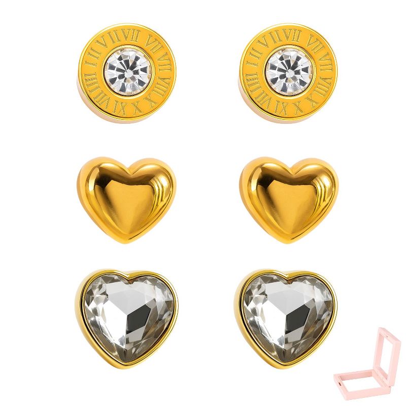 Gold-Tone Multi-Style Earring Set (Heart, Cubic Zirconia Heart, Roman Numeral Disc), Romantic & Timeless Jewelry for Women, Daily & Styling Occasions