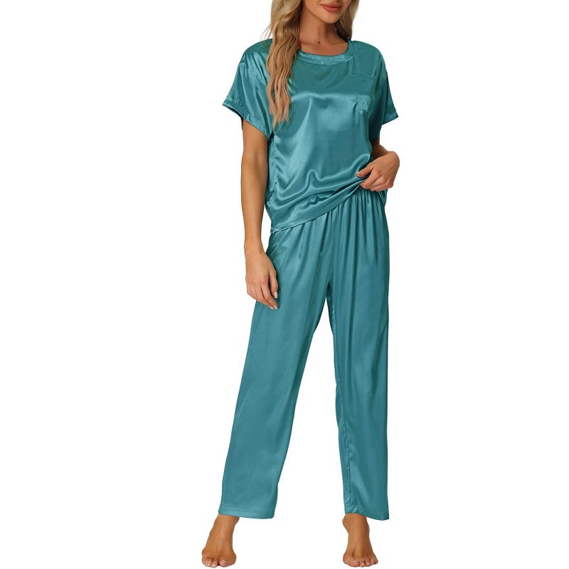 cheibear Women's Satin Summer Short Sleeves Sleepshirt with Pants Lounge Pajamas Sets Peacock Green Small