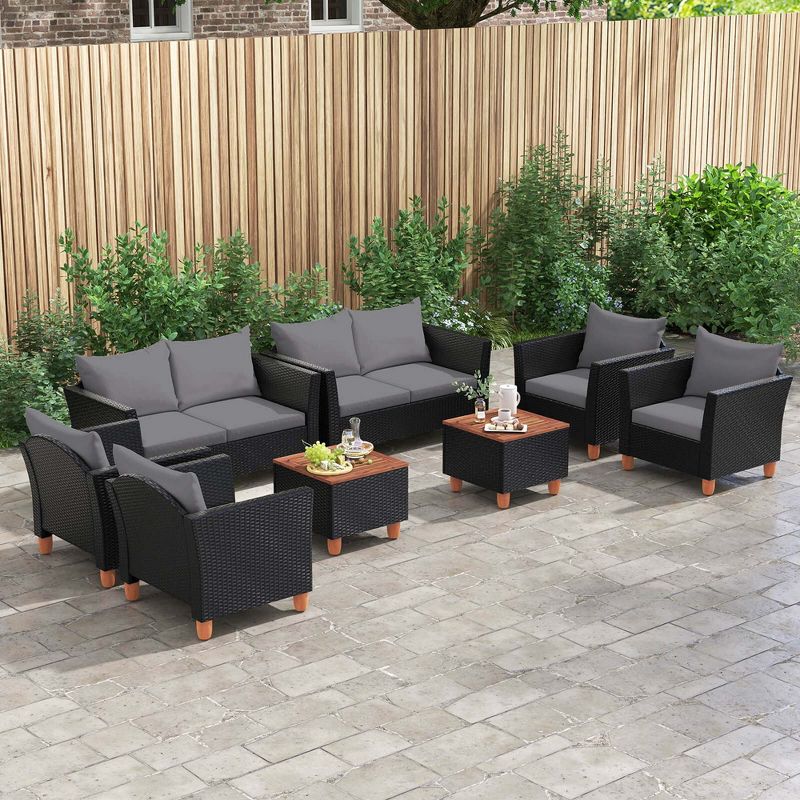 Costway 8 PCS Wicker Patio Furniture Set with Removable Cushions Storage Coffee Table Gray