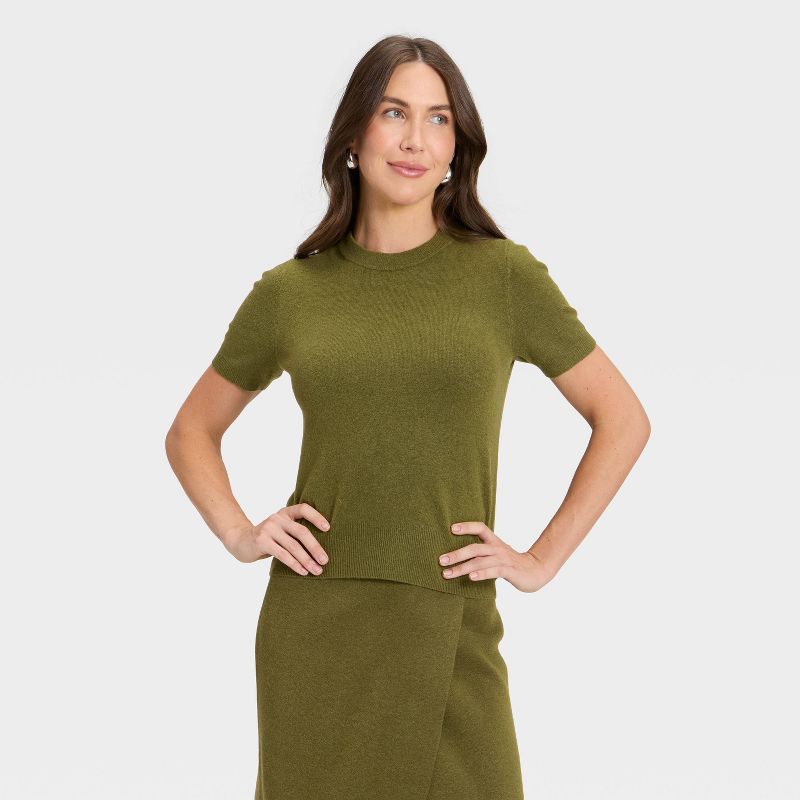 Women's Short Sleeve Cozy Knit Sweater - A New Day™ Green XS