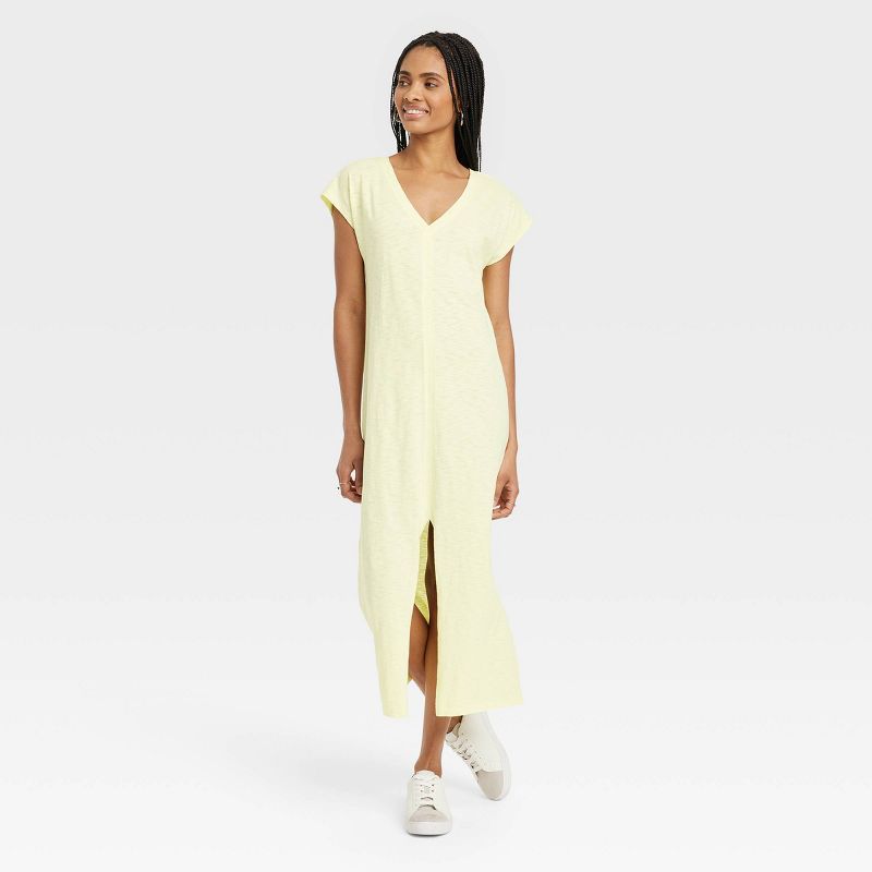 Women's Short Sleeve Midi T-Shirt Dress - Universal Thread™ Yellow M: Cotton V Neck Pullover, Dolman Sleeve, Machine Washable