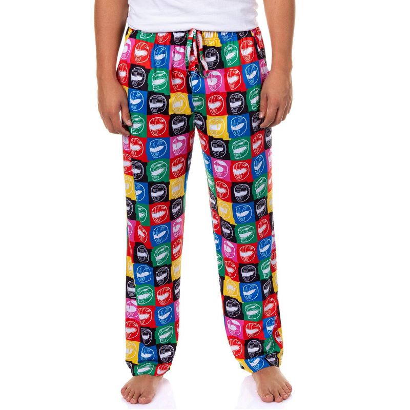 Mighty Morphin' Power Rangers Men's Pajama Pants Color Contrast Helmet Grid Lounge Sleep Bottoms (X-Large)