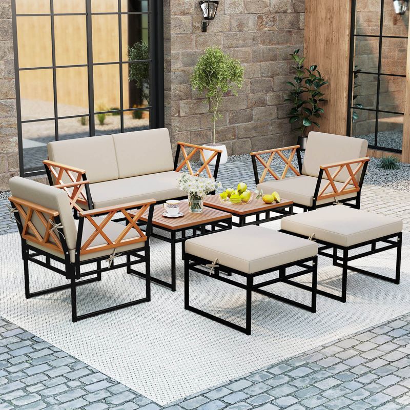 Costway 7 PCS Outdoor Conversation Set Acacia Wood Chairs & Coffee Tables Set with Ottomans