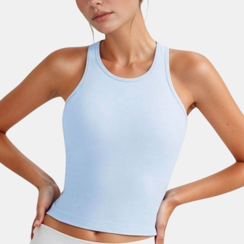 Anna-Kaci Active Women's Ribbed Black High Neck Crop Tank Top for Active and Casual Wear - Large, Light Blue
