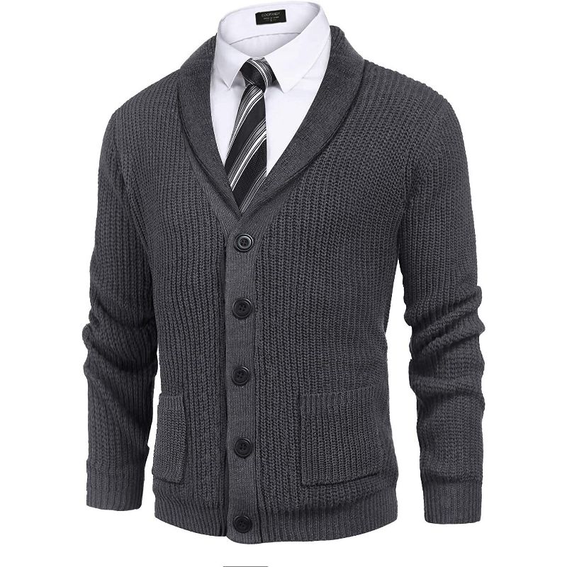 COOFANDY Men's Shawl Collar Cardigan Sweater Slim Fit Cable Knit Button up Sweater with Pockets Dark Grey M