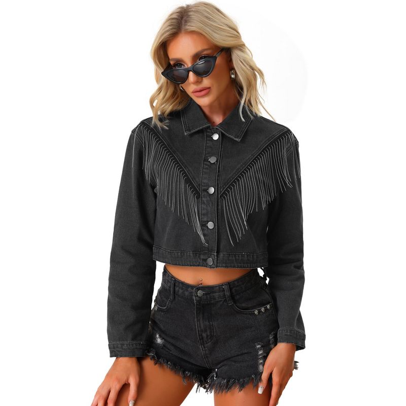 Allegra K Women's Tassel Long Sleeve Button Down Casual Jean Jackets Dark Grey X-Large