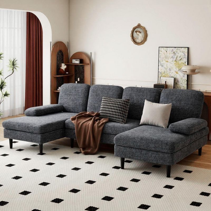U-Shaped Combination Sofa Double Lounge Chair Chenille Fabric 4-Seat Living Room Furniture Dark Grey