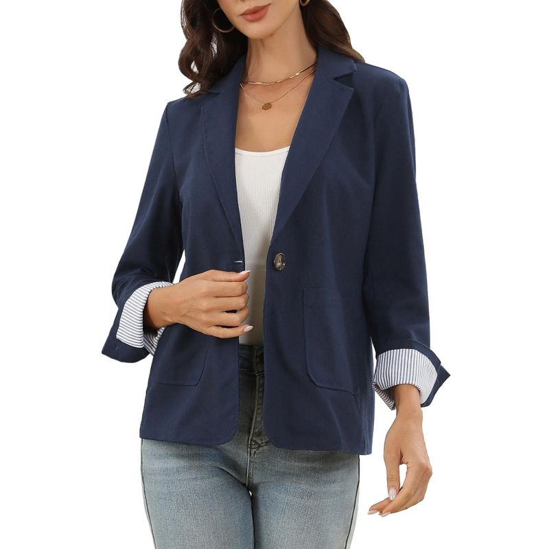 INSPIRE CHIC Women's Cotton Linen Business Casual One Button Work Office Suit Blazer Large Navy Blue