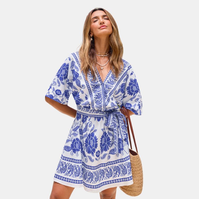 Women's Boho Chic Floral Surplice Neckline Mini Dress - Cupshe-M-Blue