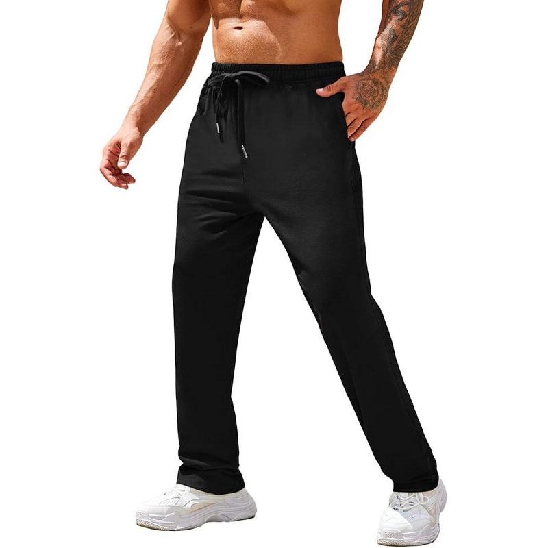 COOFANDY Men's Cotton Sweatpants Open Bottom Lounge Pants with Pockets Black M
