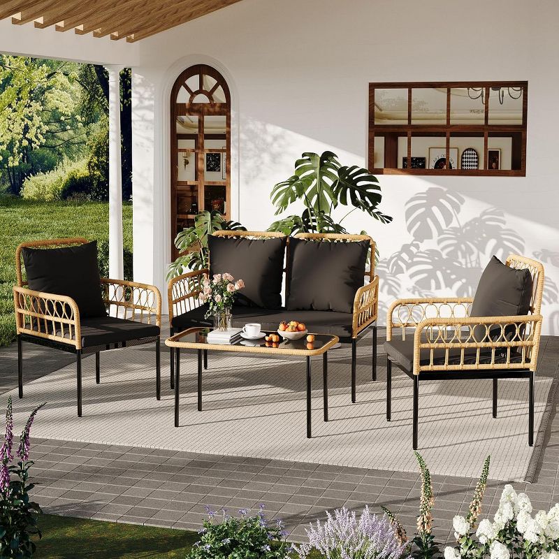 4 Piece Outdoor Wicker Patio Living Room Set - Rattan Balcony Furniture for Porch or Deck, 2 Armchairs with Cushions and Pillows