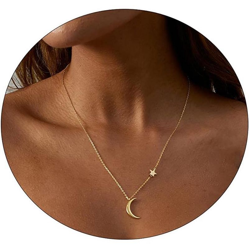 Summit Adventure Dainty Gold Necklace: 14K Gold Plated Tiny Moon/Star Pendant for Women, Everyday Jewelry