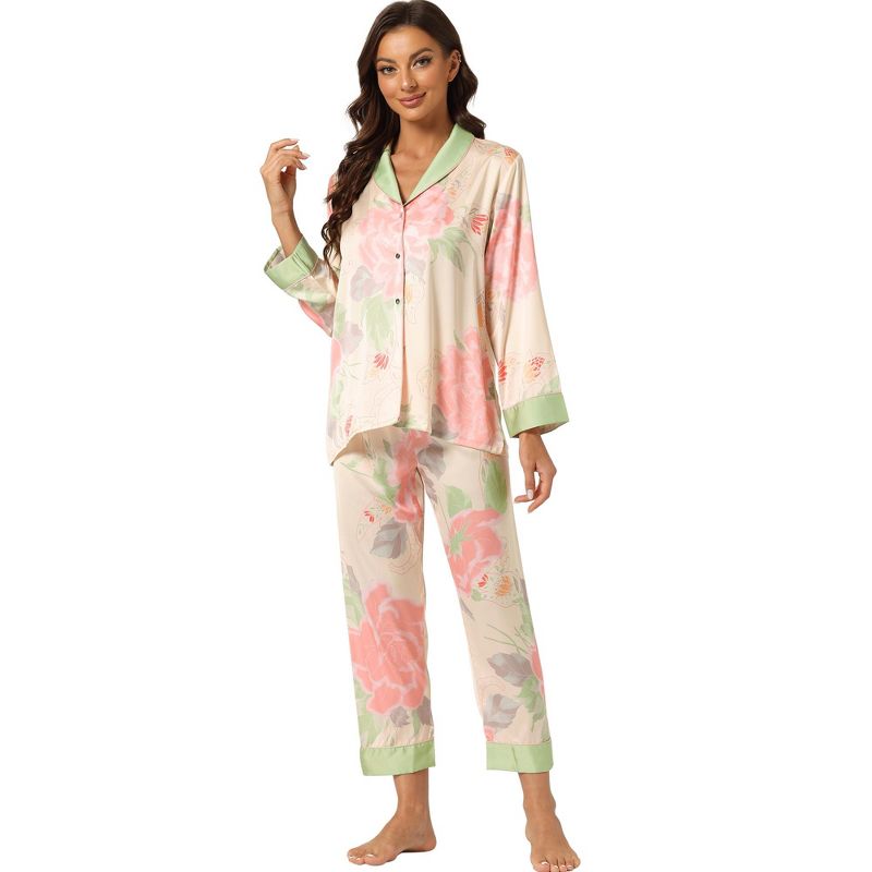 cheibear Women's Satin Floral Long Sleeves Shirts with Pants Lounge Pajama Set Pink Medium