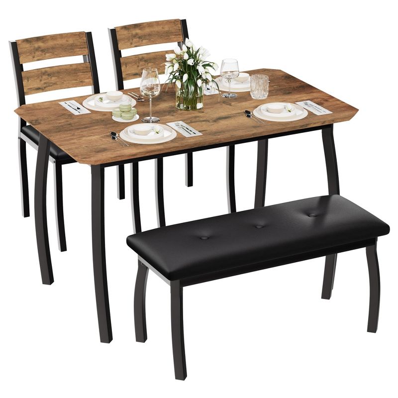 5-Piece Dining Table Set for 4, Metal Frame Kitchen Table, Chairs and Bench for Small Spaces, Space Saving, Brown
