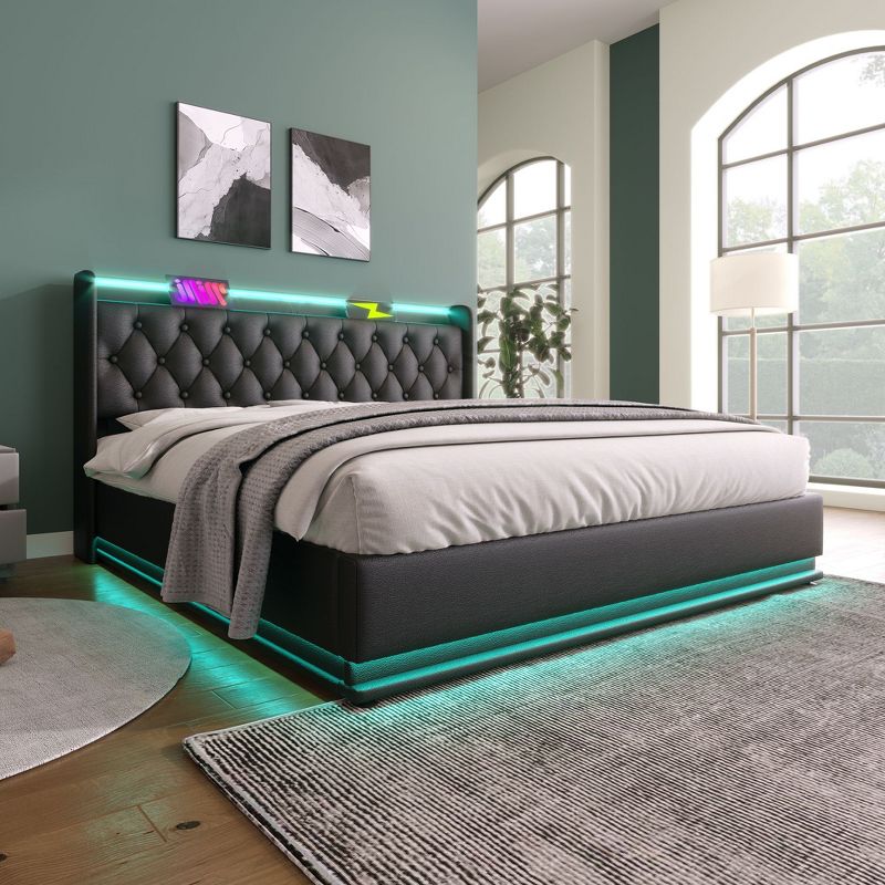 Sapphtopaz Full Size Bed Frame Upholstered Bed with 360 Surround LED Hydraulic Storage Bed with USB Bedroom Furniture, No Box Spring Needed, Black