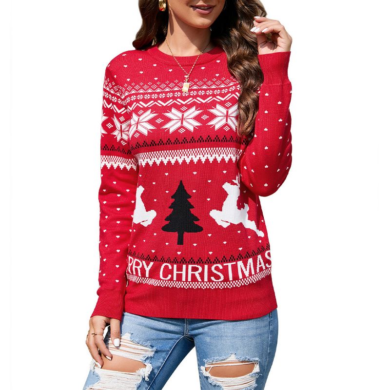 Womens Christmas Sweaters 2025 Pullover Reindeer Ugly Christmas Sweaters Long Sleeve Crew Neck Snowflakes Pattern Jacquard Knit Sweater,Red - XL