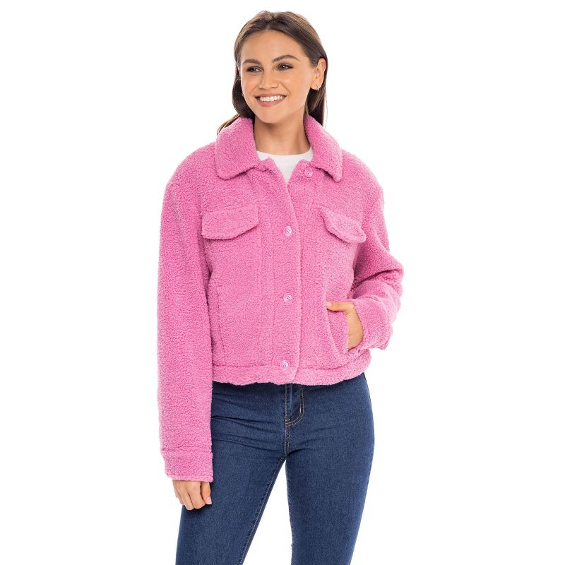 Women's Faux Fur Teddy Jean Jacket - SEBBY Hot Pink Large