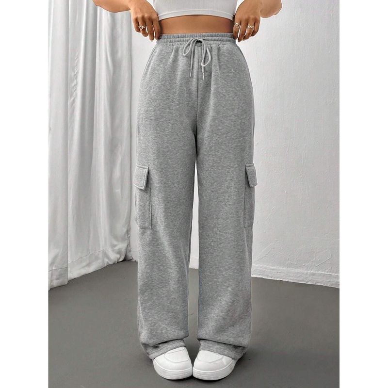 Womens Pants Elastic Waist Drawstring Side Pocket Straight Leg Cargo Sweatpants Gray XL