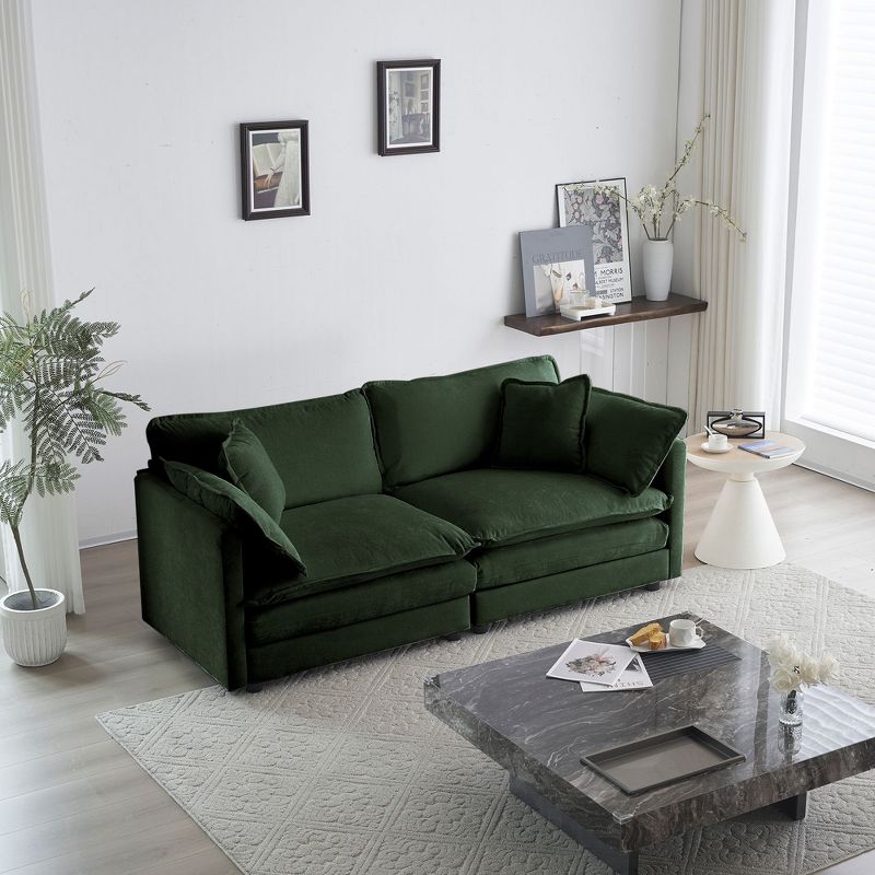 Modern Fabric Loveseat Sofa Couch for Living Room Upholstered Large Size Deep Seat 2-Seat Sofa with 4 Pillows Green Chenille