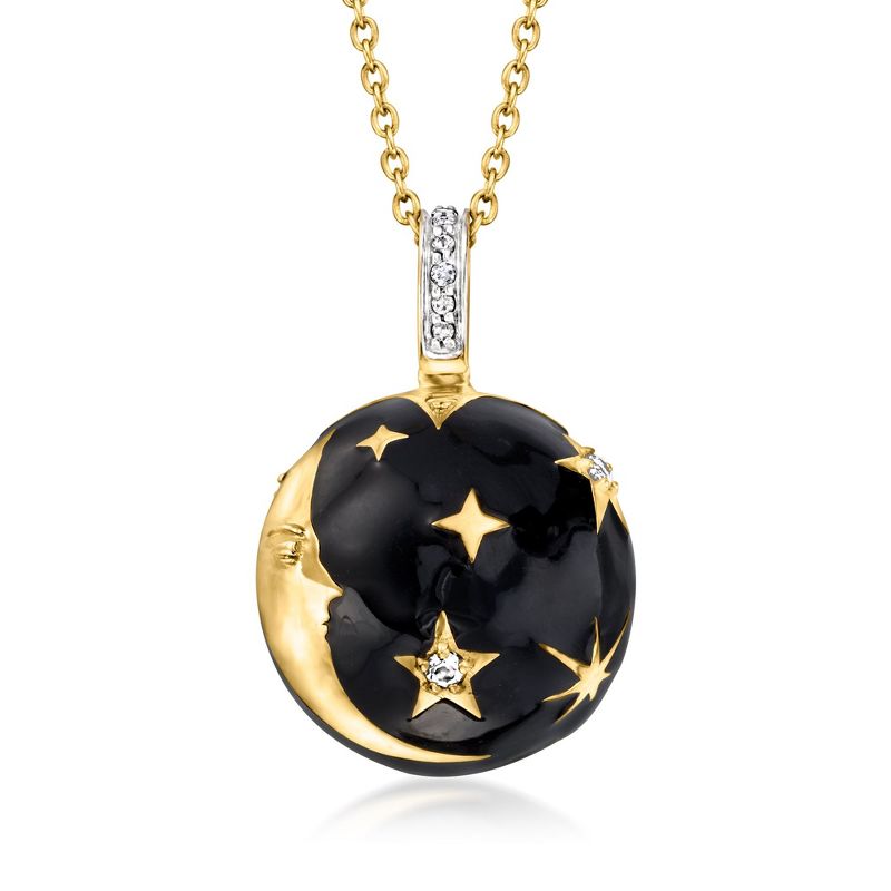 Ross-Simons Black Enamel and .10 ct. t.w. White Topaz Moon and Stars Pendant Necklace in 18kt Gold Over Sterling Size 18