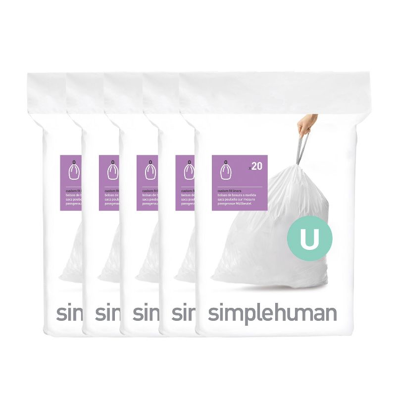 simplehuman 50-80L Code U Custom Fit Kitchen Trash Bag Liners 5 Quick-Dispense Packs - 100ct: Tall Kitchen, Drawstring, White