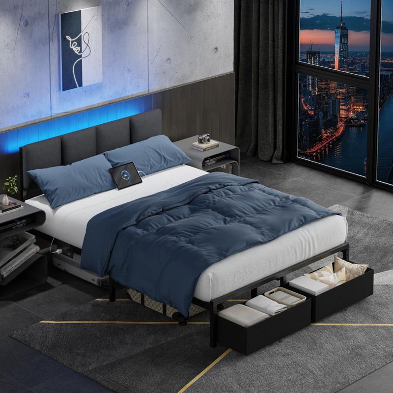 Qwatto Upholstered Full Bed Frame with LED Lights Charging Station 2 Storage Drawers Platform Bed No Box Spring Needed Modern Bedroom Furniture