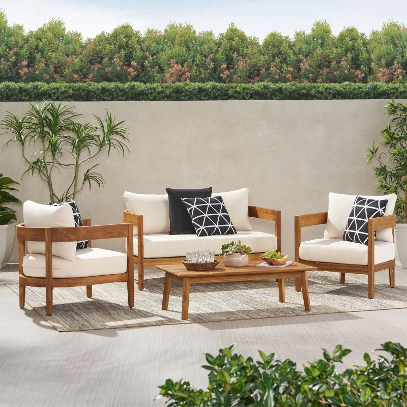 Christopher Knight Home Brooklyn Outdoor 4pcs Acacia Wood Chat Set with Cushions, Beige