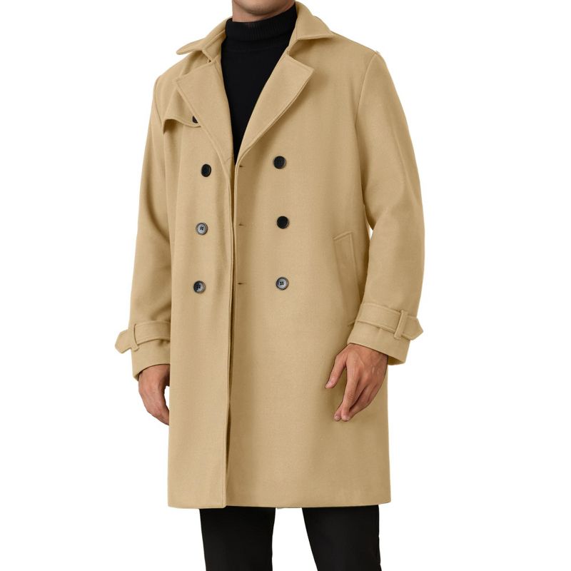 Lars Amadeus Men's Double Breasted Notched Lapel Long Winter Trench Overcoat Khaki Large