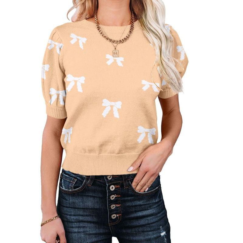 Coolmee Women's Summer Sweater Crew Neck Dressy Puff Sleeve Casual Soft Knit Pullover Tops Apricot XXL