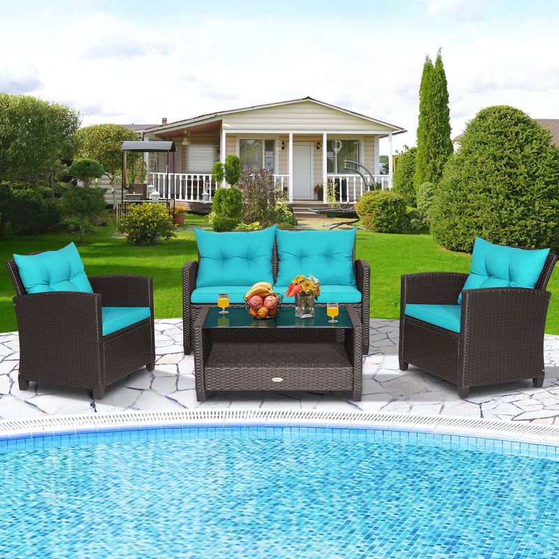 Costway 4 PCS Patio Rattan Furniture Set Glass Table Shelf Sofa Cushion Turquoise