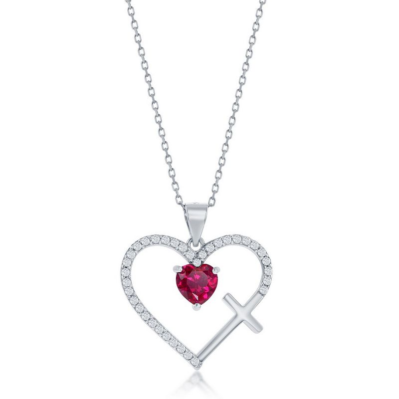 Bella Silver Sterling Silver, CZ Cross & Heart 18" Pendant Necklace - Ruby CZ - Red