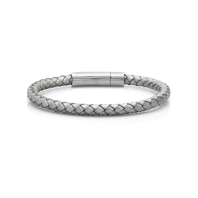 Steeltime Men's white genuine leather 8.5" braided bracelet in gray push n pull closure. Color Options: Black, Brown, Red, White, Blue