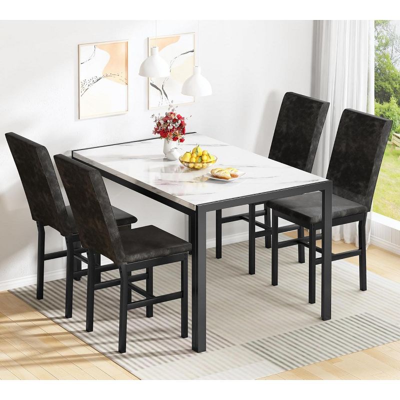 Hooseng Modern 5-Piece Rectangular Marble Dining Set, Kitchen Dining Room Table Sets for 4, Dinette, Compact Space Saving Furniture, White